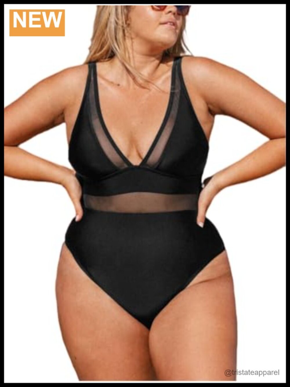 V Neck One Piece Plus Size Mesh Tummy Control Swimsuit